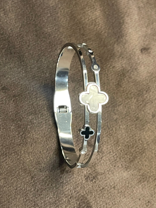Silver Bangle with Clover Motifs