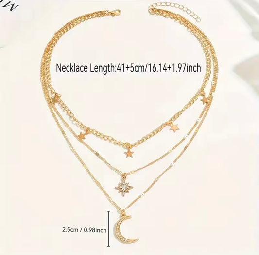 Diamond-studded pentagram crescent pendant necklace