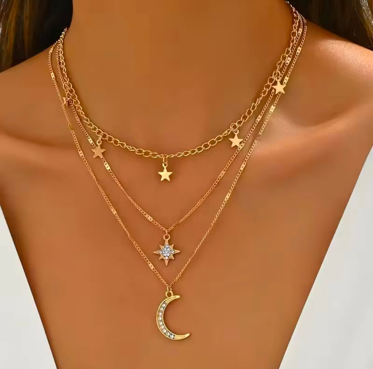 Diamond-studded pentagram crescent pendant necklace