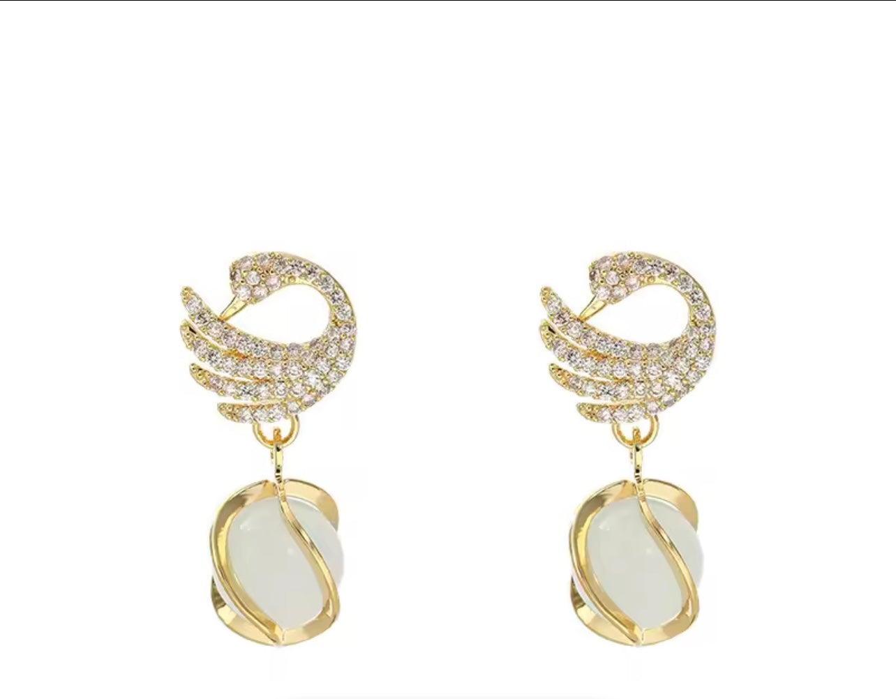 Elegant Crystal Swan & Moonstone Drop Earrings