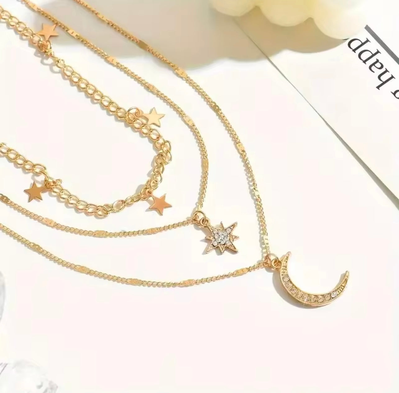 Diamond-studded pentagram crescent pendant necklace