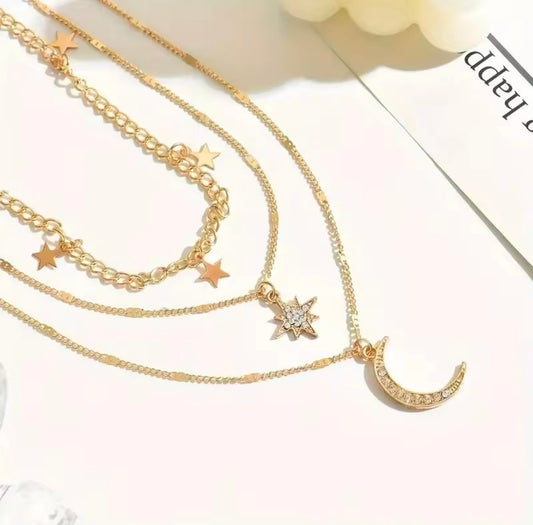 Diamond-studded pentagram crescent pendant necklace