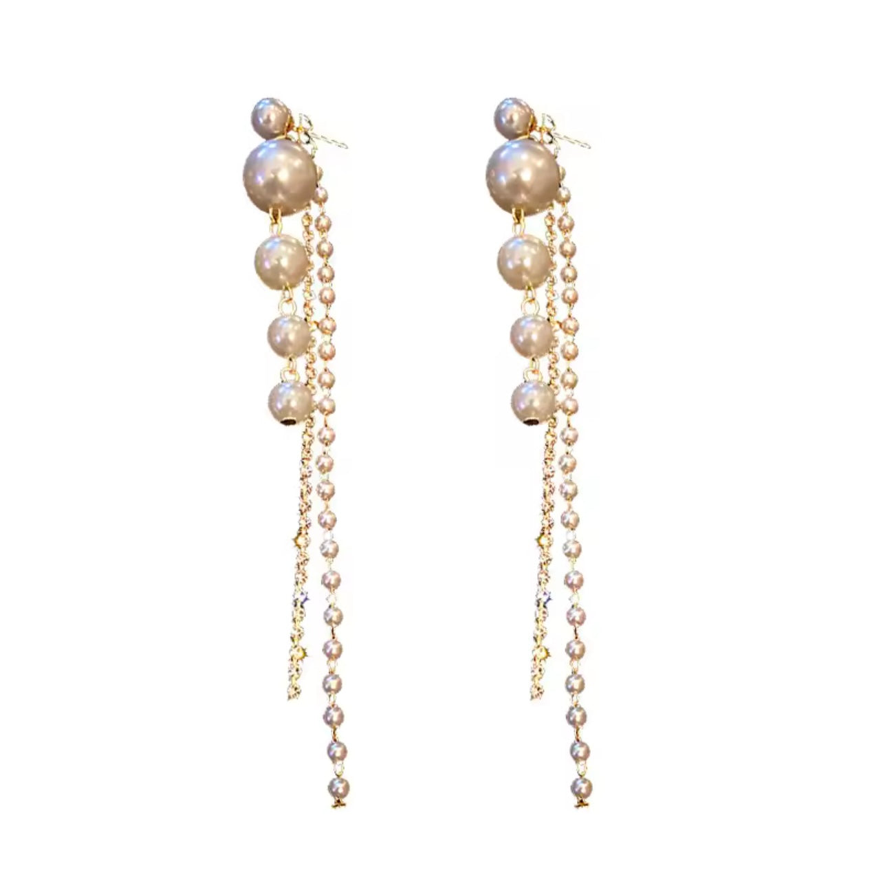 Glamorous Long Pearl & Crystal Tassel Earrings