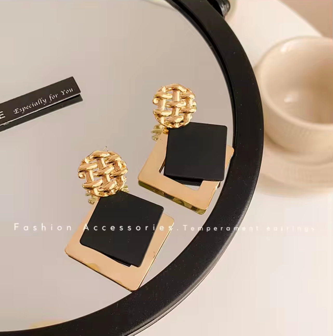 Gold and black geometric square dangle Earrings