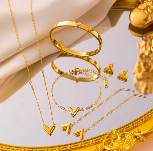 5pcs gold stainless steel V-shaped Necklace Bracelet Earrings Bangle jewellery set