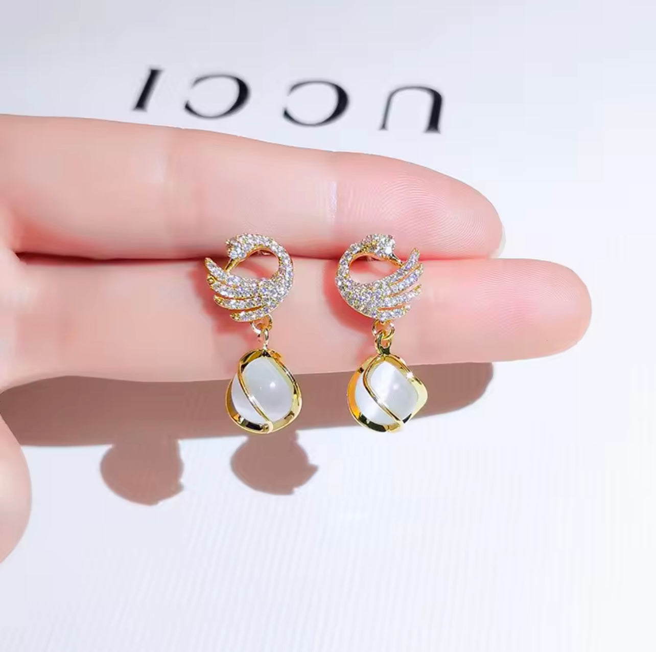 Elegant Crystal Swan & Moonstone Drop Earrings