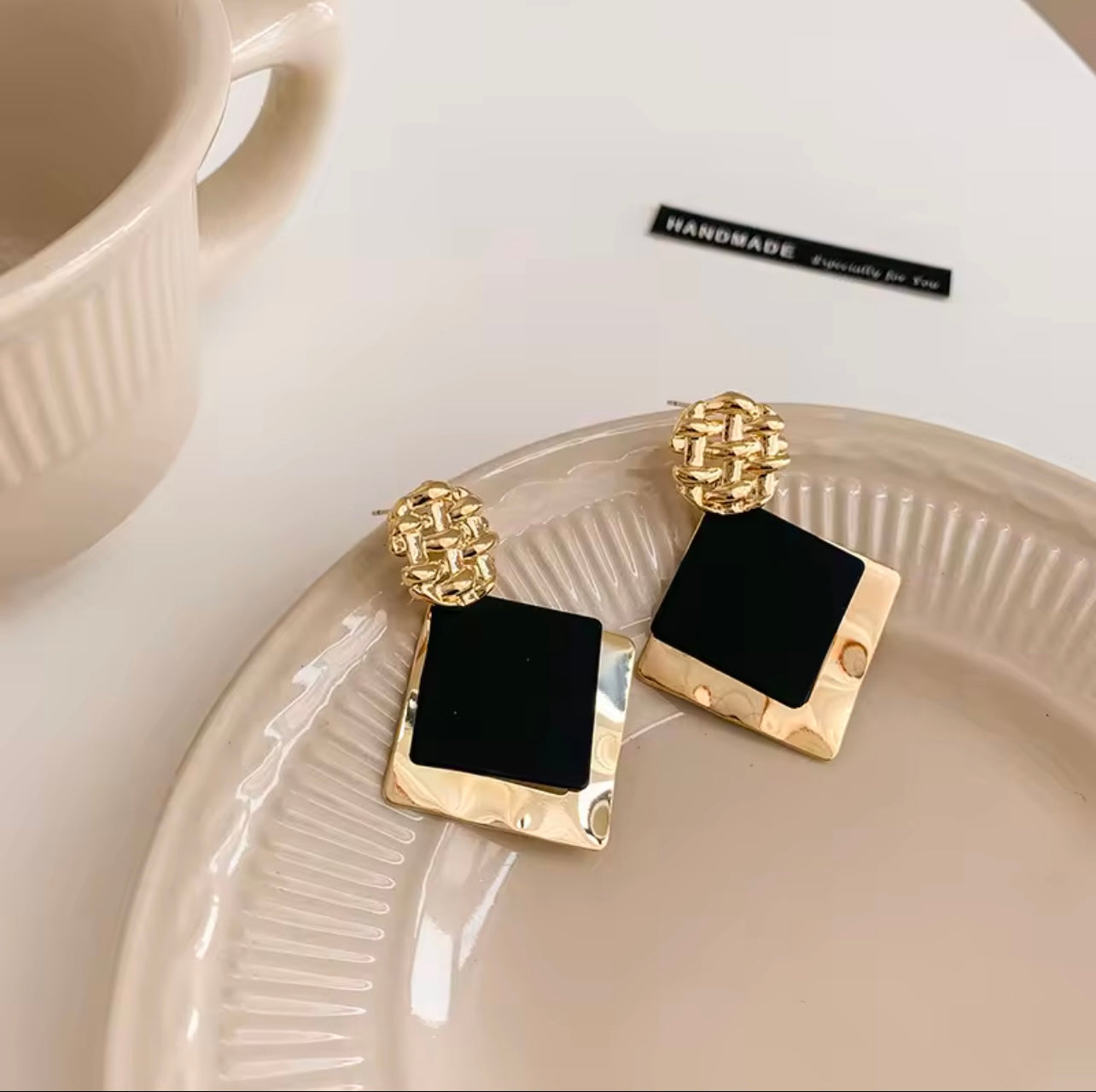 Gold and black geometric square dangle Earrings