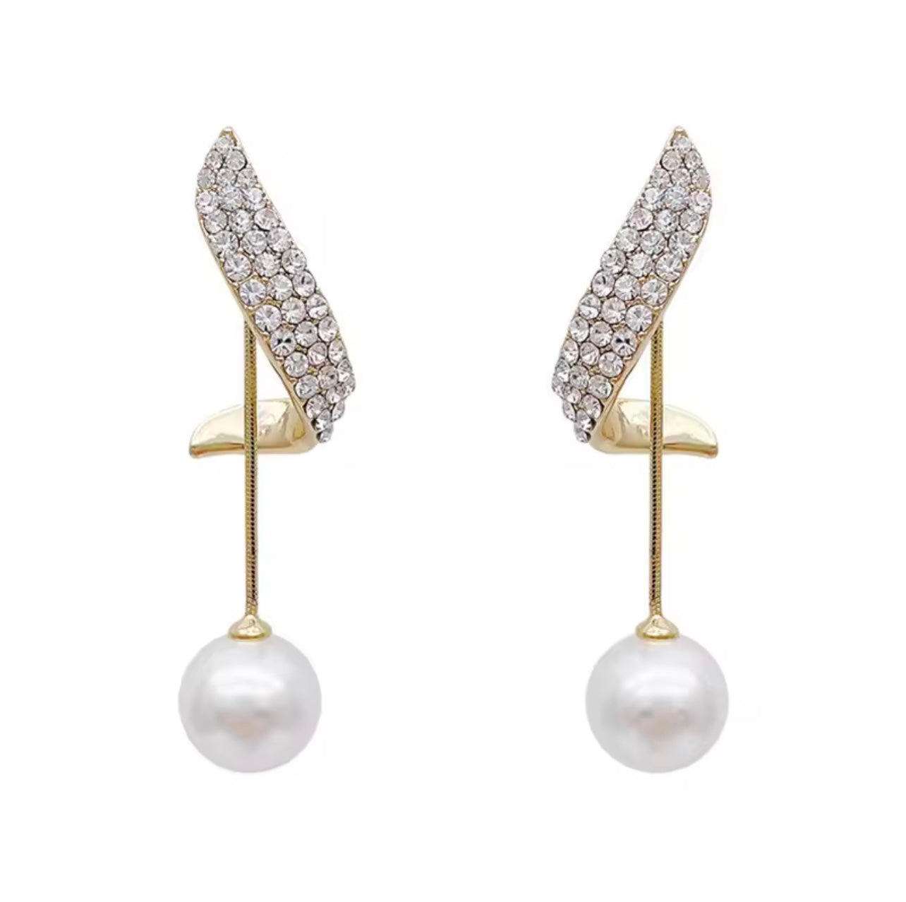 Gold Earrings with rhinestones and dangling pearls