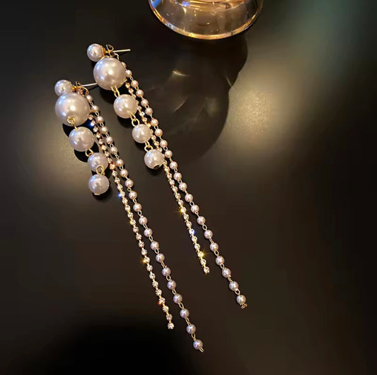 Glamorous Long Pearl & Crystal Tassel Earrings