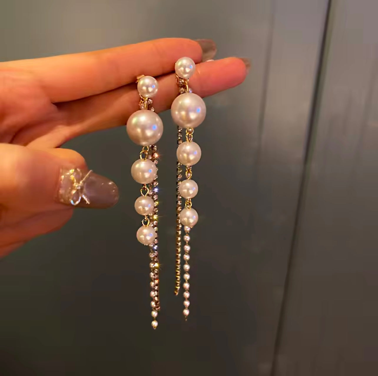 Glamorous Long Pearl & Crystal Tassel Earrings