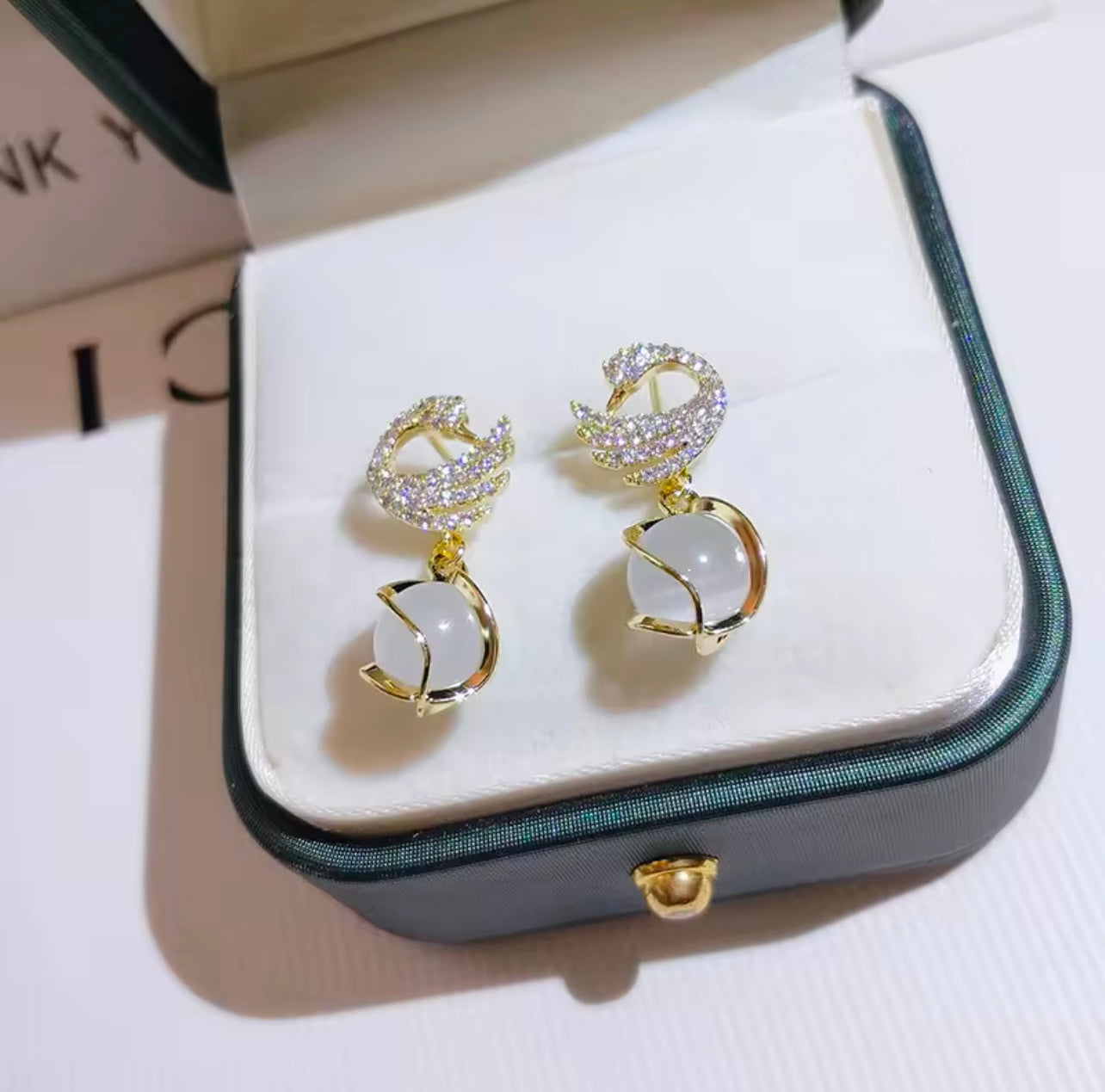 Elegant Crystal Swan & Moonstone Drop Earrings